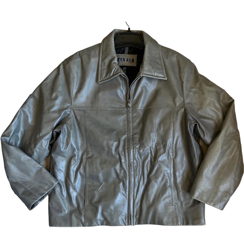 Guess Green Leather Zip Up Jacket Men Size XL